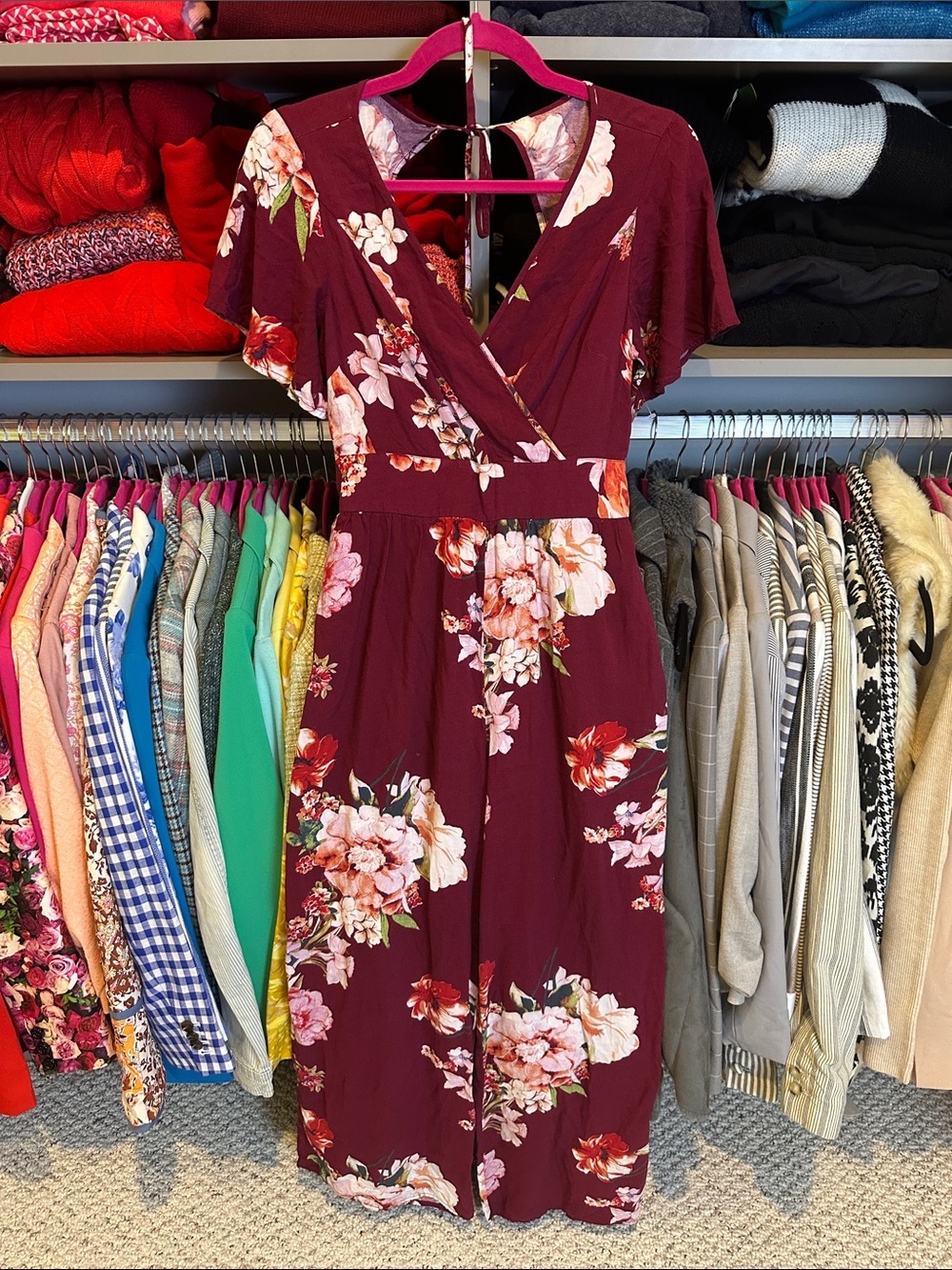 Xhilaration maroon/pink/orange short sleeve 2 pocket back tie  jumpsuit size XS